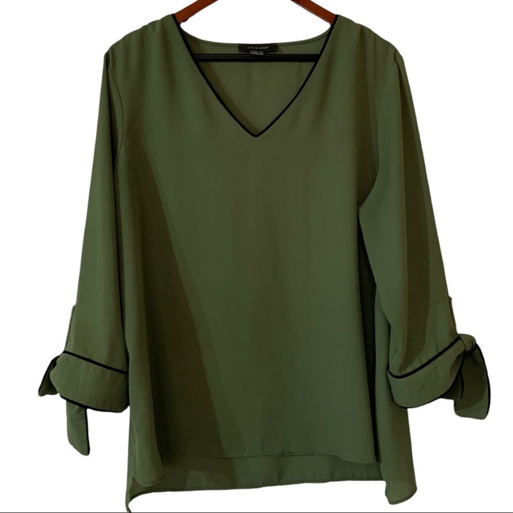 Sheer Olive Green Blouse w/black accents tie sleeves by Primark Sz 14 women.